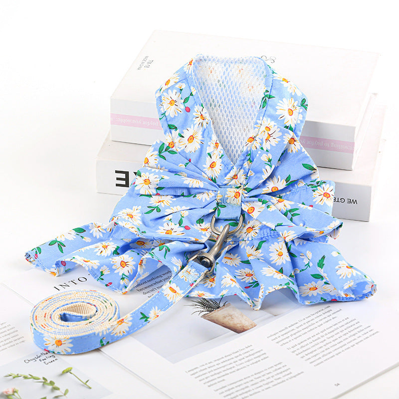 HKM-0120381 Floral Cotton Dog Dress with Nylon Traction Rope, Summer Overalls in Multiple Sizes