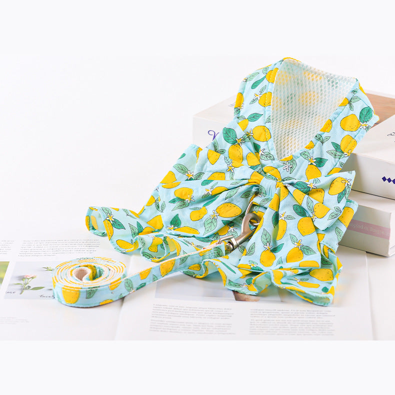 HKM-0120381 Floral Cotton Dog Dress with Nylon Traction Rope, Summer Overalls in Multiple Sizes
