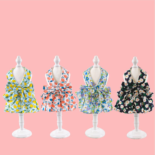 HKM-0120381 Floral Cotton Dog Dress with Nylon Traction Rope, Summer Overalls in Multiple Sizes