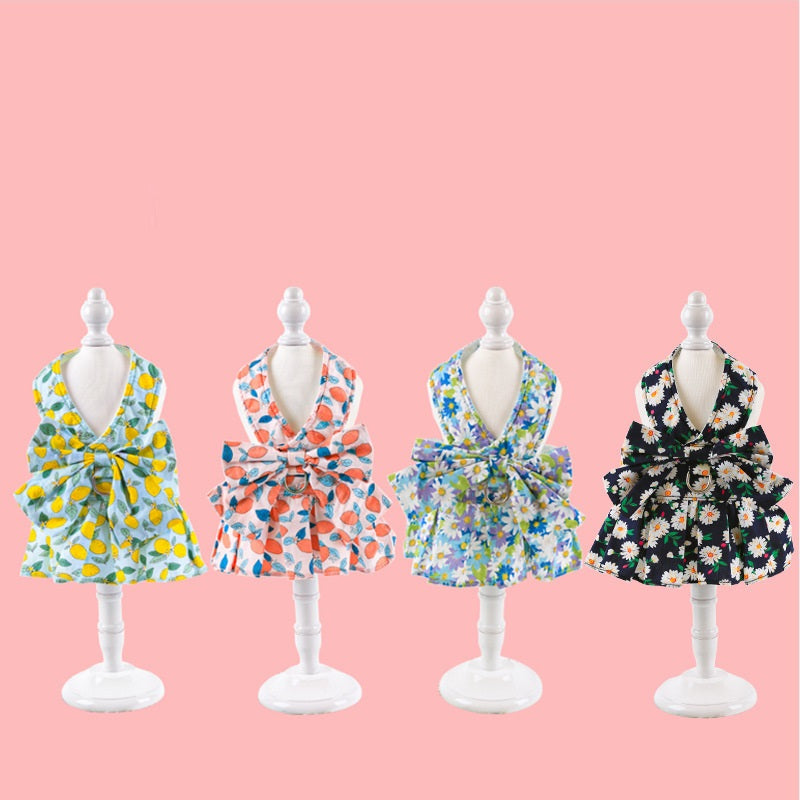 HKM-0120381 Floral Cotton Dog Dress with Nylon Traction Rope, Summer Overalls in Multiple Sizes