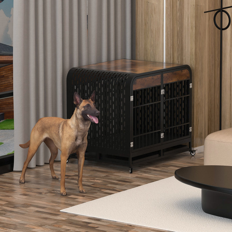 HKM-012307 Heavy Duty Wooden Dog Crate Table with Removable Trays and Lockable Wheels, 42-inch Brown for Medium and Large Dogs