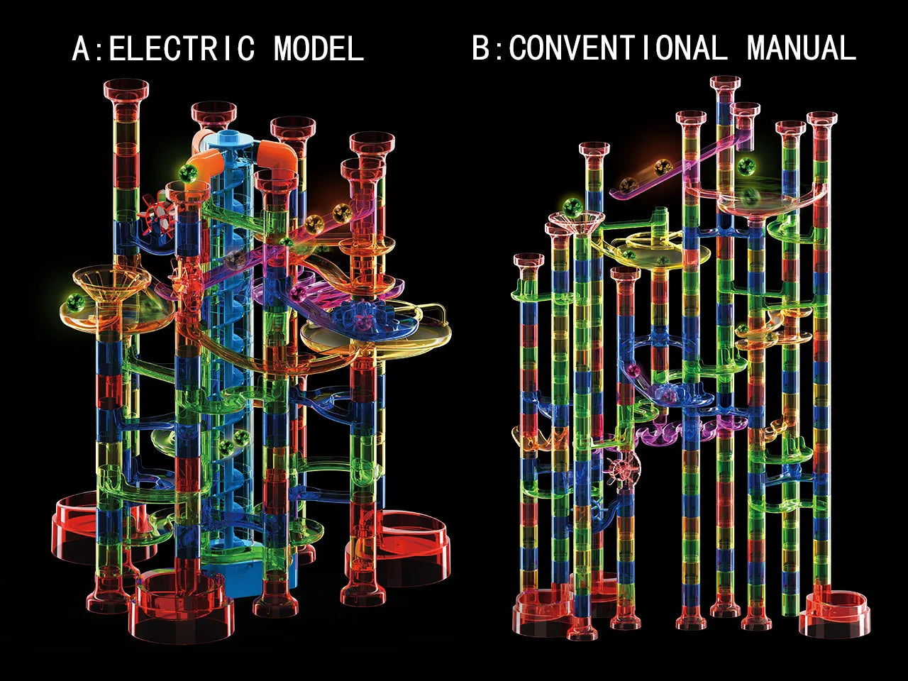 HKM-012435 325-Piece Glow-in-the-Dark Marble Run STEM Toy Set with Motorized Elevator for Kids