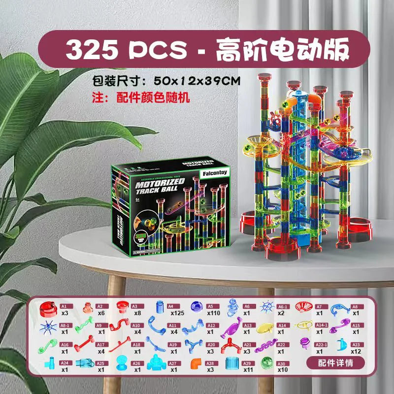 HKM-012435 325-Piece Glow-in-the-Dark Marble Run STEM Toy Set with Motorized Elevator for Kids