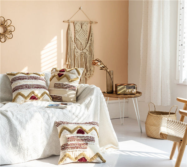 HKM-012435 Indian Embroidered Tufted Pillow with Tassels - 45x45cm Plush Cover