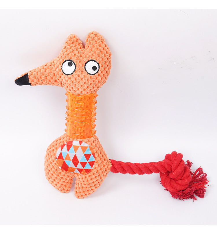 HKM-0127933 Plush Squeaky Dog Toy - Bite Resistant Fox & Big-Eared Dog Design with Cotton Rope Tail, Ideal for Small and Large Dogs