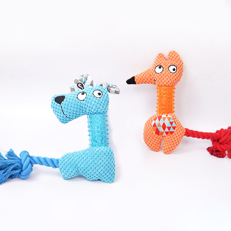 HKM-0127933 Plush Squeaky Dog Toy - Bite Resistant Fox & Big-Eared Dog Design with Cotton Rope Tail, Ideal for Small and Large Dogs