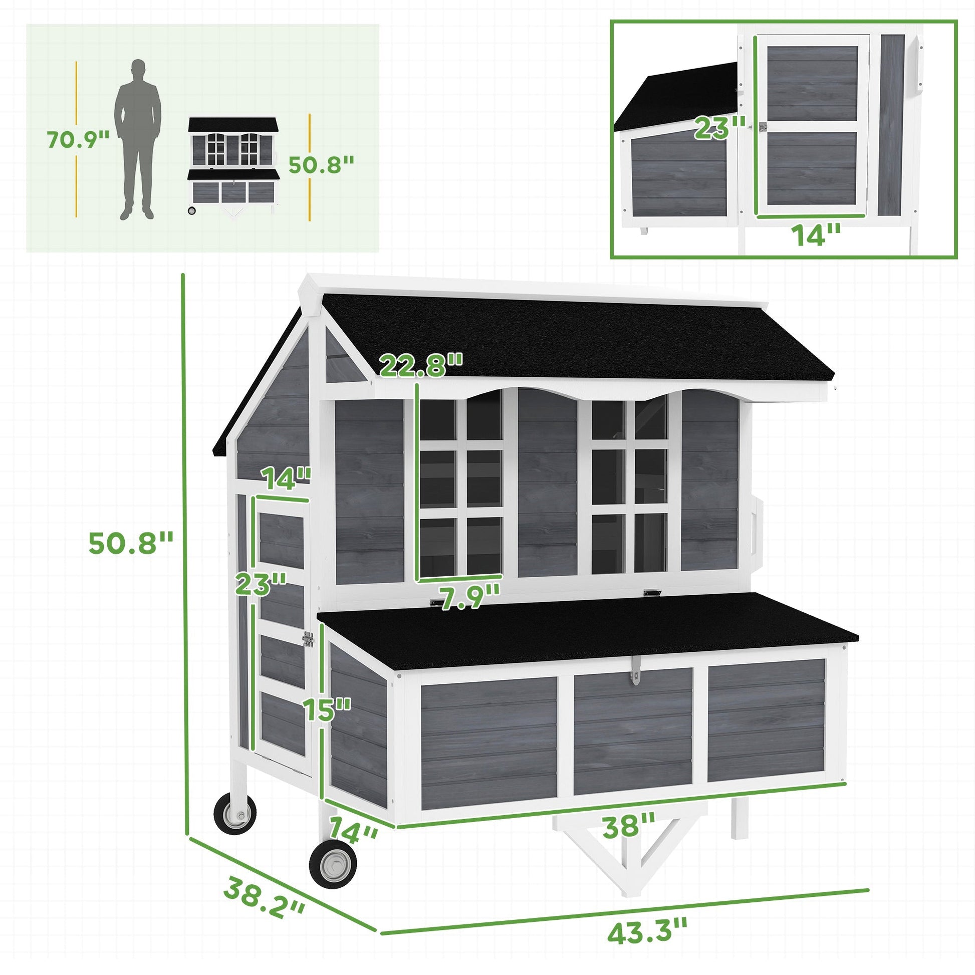 HKM-0129981 Mobile Chicken Coop with Nesting Box, Windows, and Pull-out Tray for 2-4 Hens, Gray Wood Design