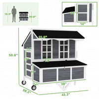 HKM-0129981 Mobile Chicken Coop with Nesting Box, Windows, and Pull-out Tray for 2-4 Hens, Gray Wood Design
