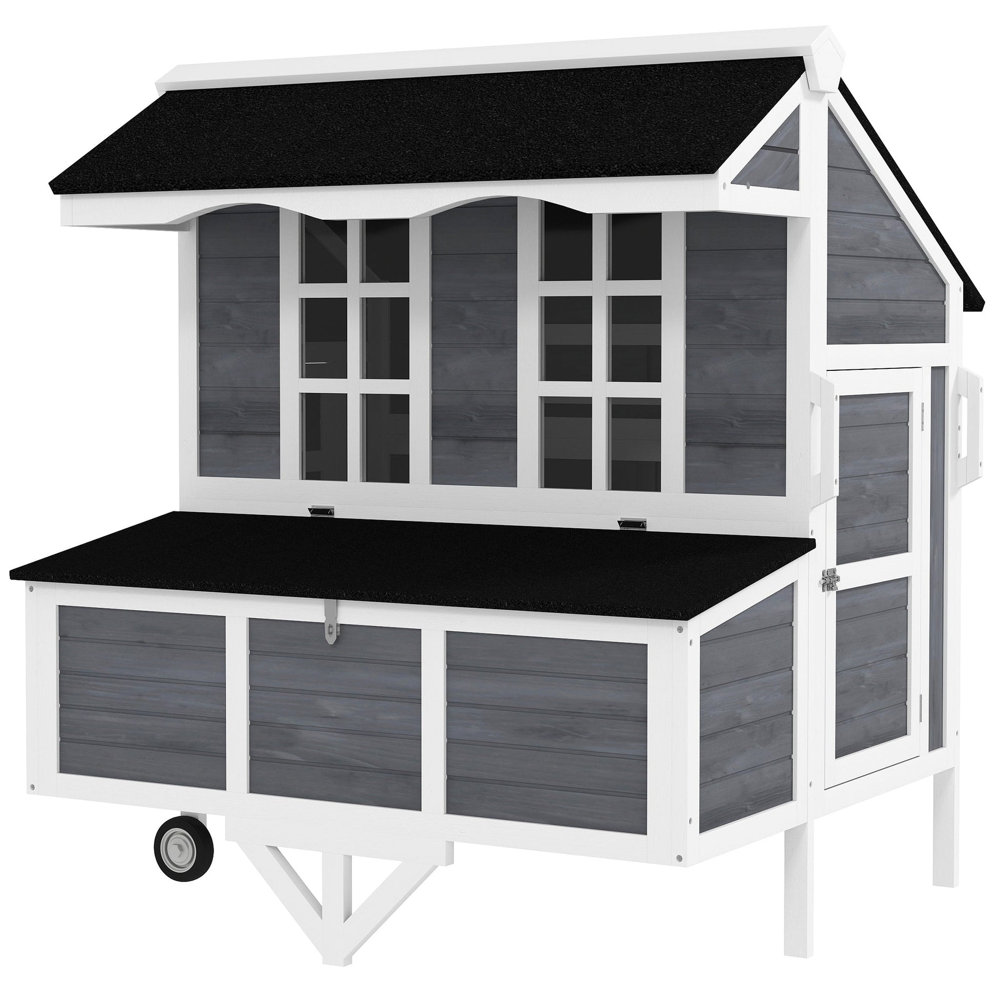 HKM-0129981 Mobile Chicken Coop with Nesting Box, Windows, and Pull-out Tray for 2-4 Hens, Gray Wood Design