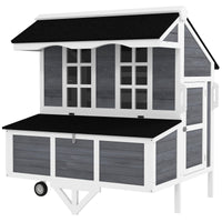 HKM-0129981 Mobile Chicken Coop with Nesting Box, Windows, and Pull-out Tray for 2-4 Hens, Gray Wood Design