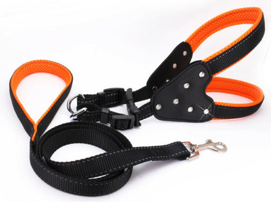 HKM-0135357 Reflective Mesh Fabric Pet Harness with Rhinestone Design and Leash in Various Colors