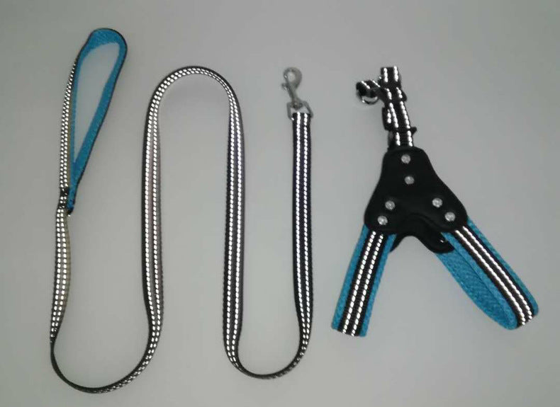 HKM-0135357 Reflective Mesh Fabric Pet Harness with Rhinestone Design and Leash in Various Colors