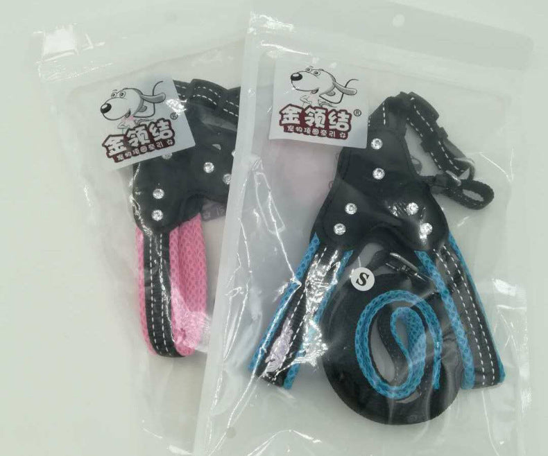 HKM-0135357 Reflective Mesh Fabric Pet Harness with Rhinestone Design and Leash in Various Colors