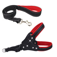 HKM-0135357 Reflective Mesh Fabric Pet Harness with Rhinestone Design and Leash in Various Colors