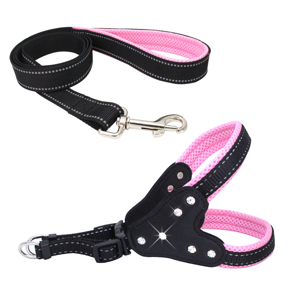HKM-0135357 Reflective Mesh Fabric Pet Harness with Rhinestone Design and Leash in Various Colors