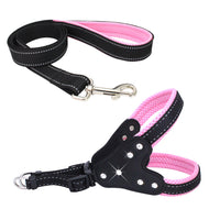 HKM-0135357 Reflective Mesh Fabric Pet Harness with Rhinestone Design and Leash in Various Colors