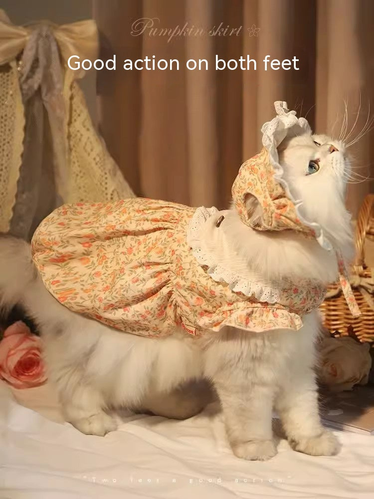 HKM-0136637 Autumn Cat Dress with Floral Design and Matching Doll Hat, Warm Skirt for Cats