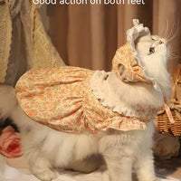 HKM-0136637 Autumn Cat Dress with Floral Design and Matching Doll Hat, Warm Skirt for Cats