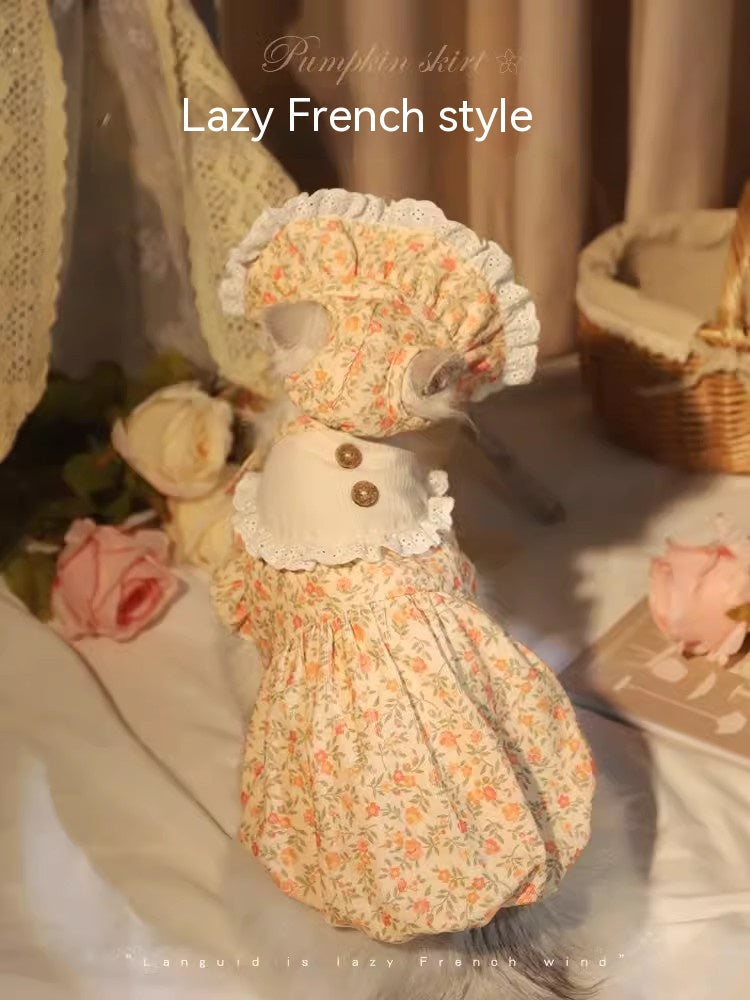 HKM-0136637 Autumn Cat Dress with Floral Design and Matching Doll Hat, Warm Skirt for Cats
