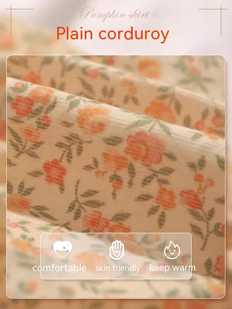 HKM-0136637 Autumn Cat Dress with Floral Design and Matching Doll Hat, Warm Skirt for Cats