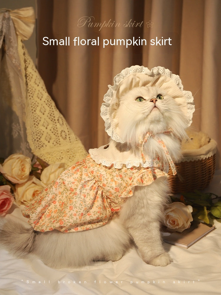 HKM-0136637 Autumn Cat Dress with Floral Design and Matching Doll Hat, Warm Skirt for Cats