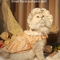 HKM-0136637 Autumn Cat Dress with Floral Design and Matching Doll Hat, Warm Skirt for Cats