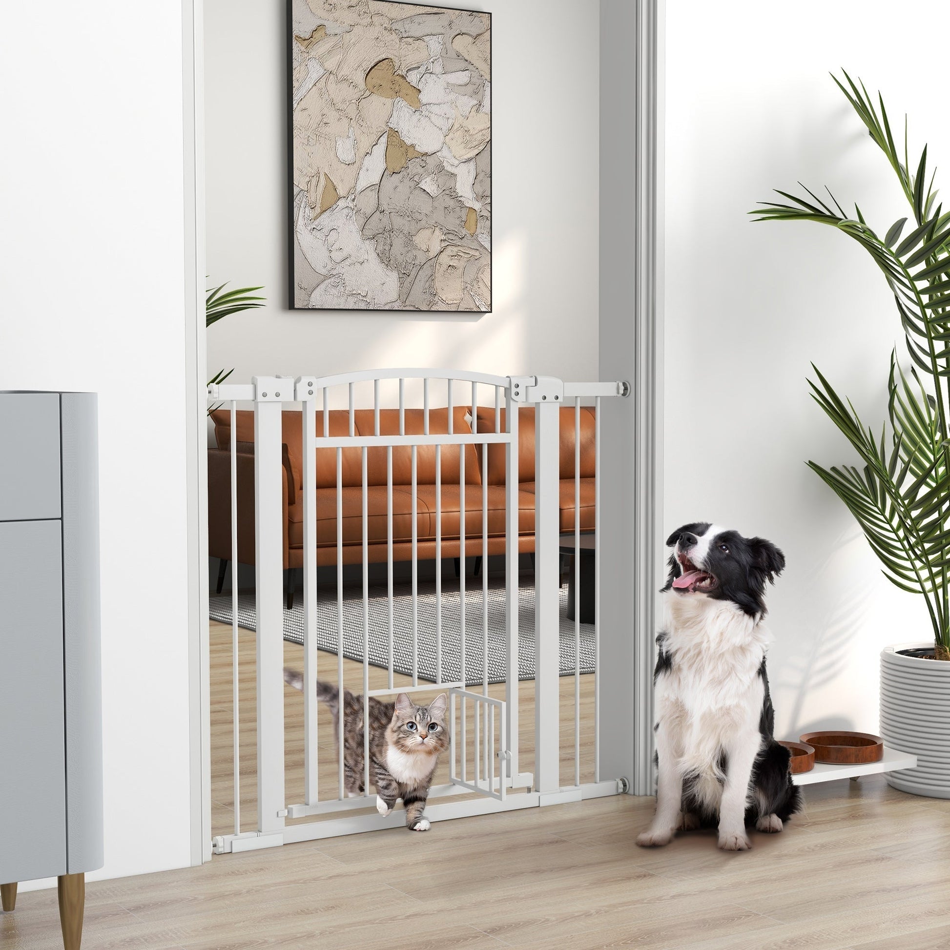 HKM-0137533 Extra Wide Walk Through Dog Gate with Cat Door and Extension Kits, 30.3" High, Adjustable 29.9"-40.9" Width