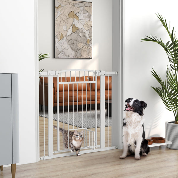 HKM-0137533 Extra Wide Walk Through Dog Gate with Cat Door and Extension Kits, 30.3" High, Adjustable 29.9"-40.9" Width