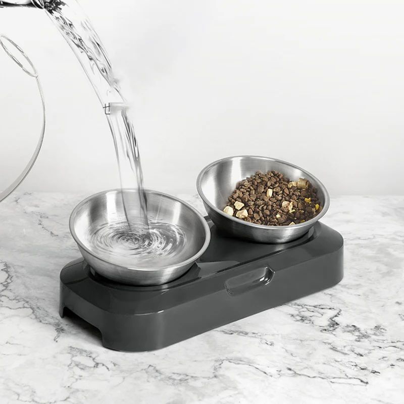 HKM-0138045 Elevated Easy Clean Stainless Steel Double Pet Food and Water Bowl with Adjustable Design