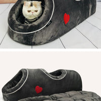 HKM-0138301 Double-Hole Flannel Cat Nest - Grey Heart, Brown Meteor, Silver-White Heart - Size 80X30X26CM