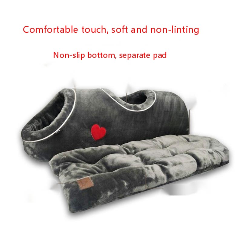 HKM-0138301 Double-Hole Flannel Cat Nest - Grey Heart, Brown Meteor, Silver-White Heart - Size 80X30X26CM