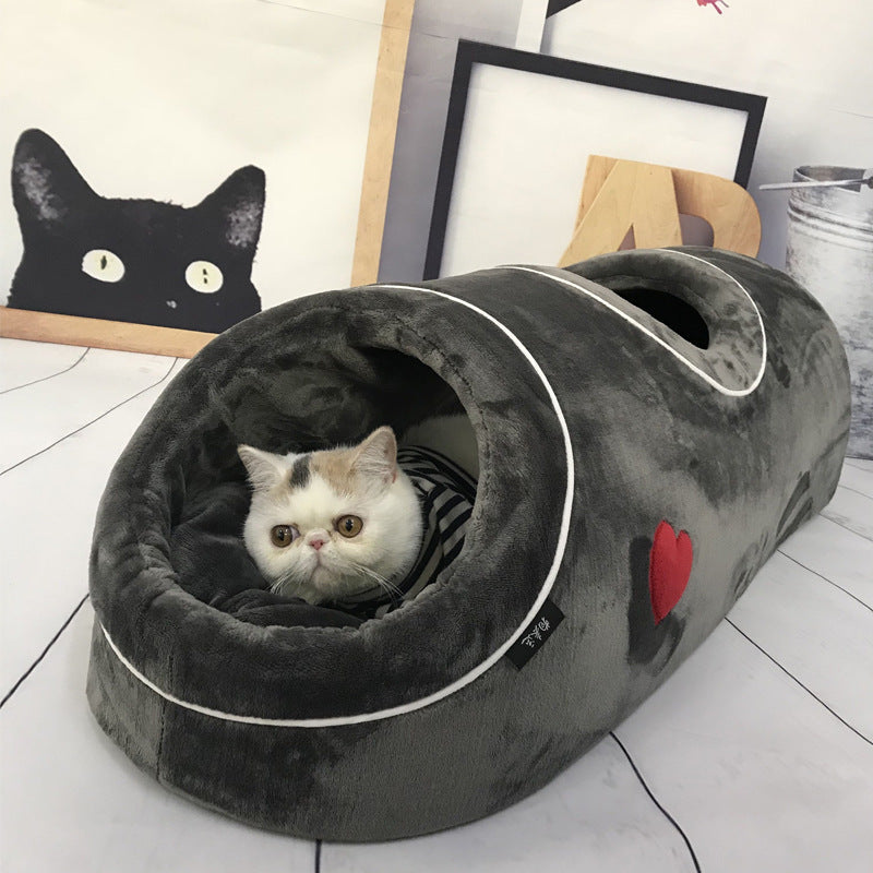 HKM-0138301 Double-Hole Flannel Cat Nest - Grey Heart, Brown Meteor, Silver-White Heart - Size 80X30X26CM