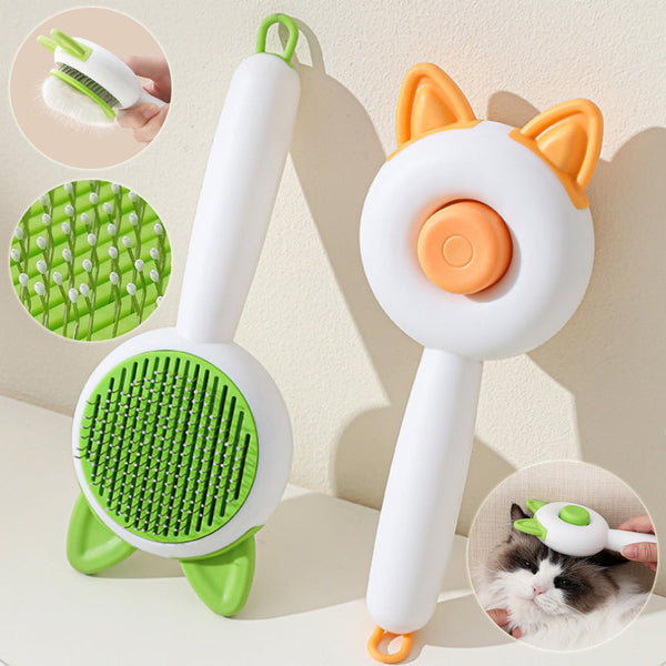 HKM-0143421 Self-Cleaning Pet Hair Remover Brush for Dogs and Cats - Dematting Comb in Greenish White and Orange