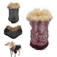 HKM-014675 Faux Fur Collar Double-Pocket Leather Coat for Dogs in Wine Red and Black
