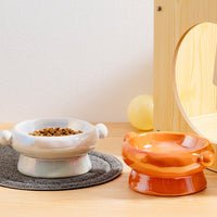 HKM-0147773 Ceramic Cat Food Bowl with Elevated Design - Available in Bright White and Colorful Orange