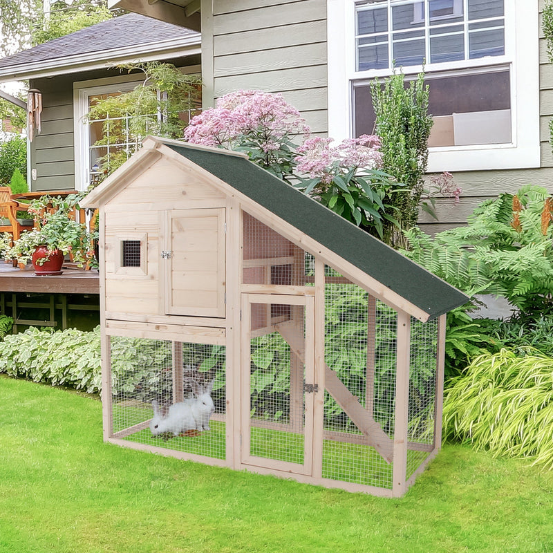 HKM-0151229 56" Wooden 2-Tier Rabbit Hutch with Enclosed Living Space and Ramp Access