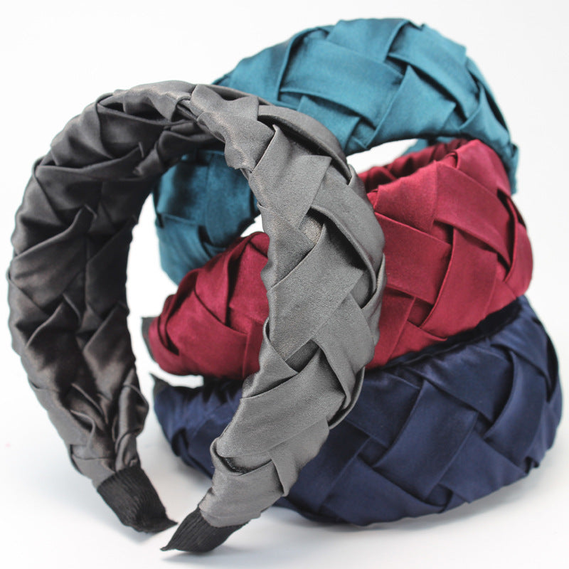 HKM-015187 Wide-Brimmed Faux Silk Plaid Satin Headband for Women