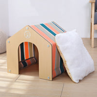 HKM-0153405 Universal Oxford Cloth Kitten Pet House with Wooden Cabin and Striped Cloth Cover