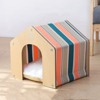HKM-0153405 Universal Oxford Cloth Kitten Pet House with Wooden Cabin and Striped Cloth Cover