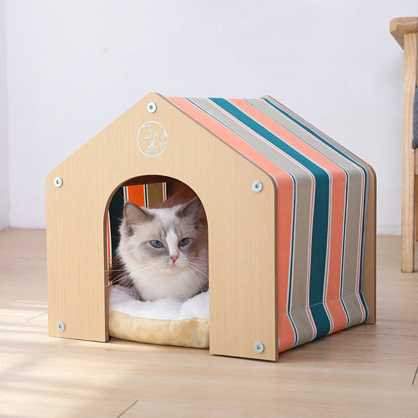 HKM-0153405 Universal Oxford Cloth Kitten Pet House with Wooden Cabin and Striped Cloth Cover