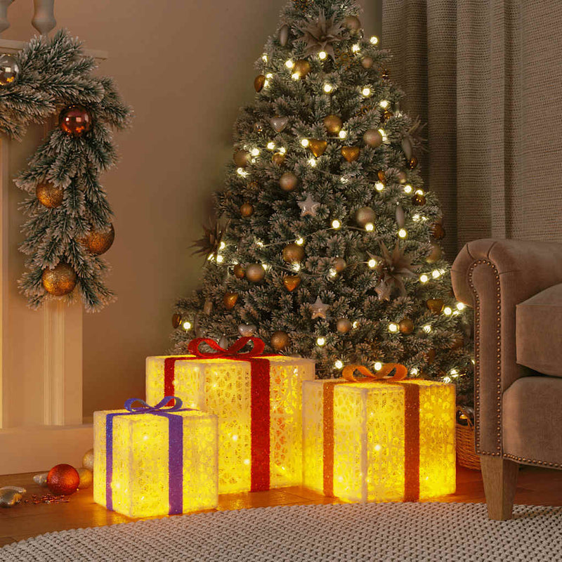HKM-015571 Illuminated Christmas Gift Box Set with 64 LEDs, 8 Lighting Modes, Warm White - 3 Pieces