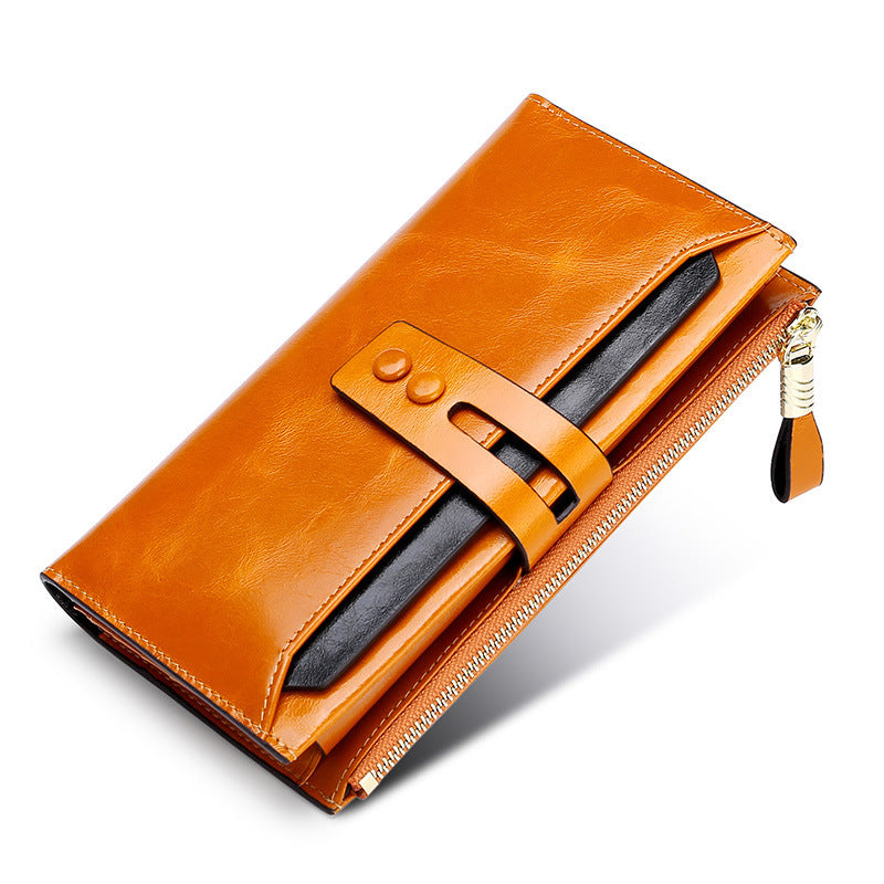 HKM-015635 Buckle Closure Long Oil Wax Leather Wallet with Multiple Card Slots and Cash Clip