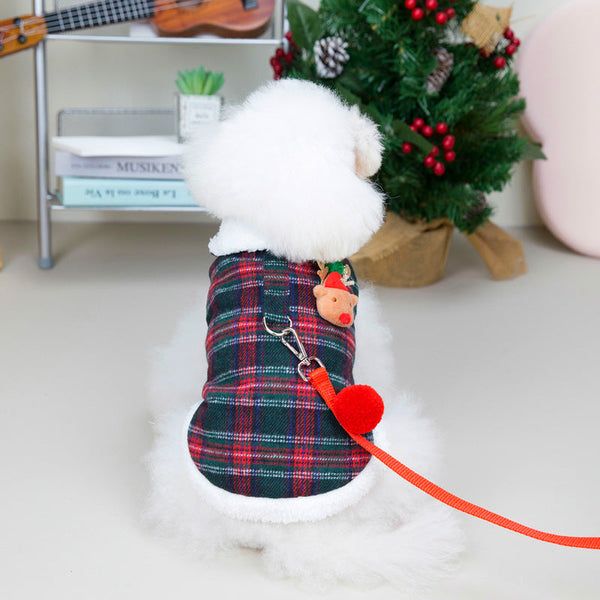 HKM-0157757 Cozy Christmas Plaid Vest for Pets with Leash - Cotton-Padded and Stylish