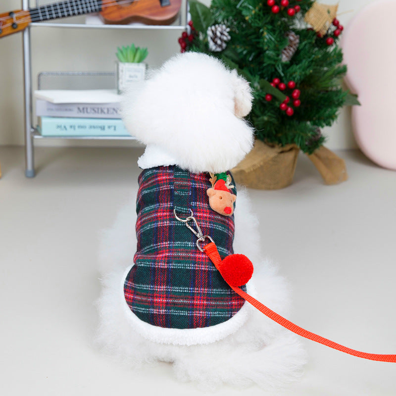 HKM-0157757 Cozy Christmas Plaid Vest for Pets with Leash - Cotton-Padded and Stylish