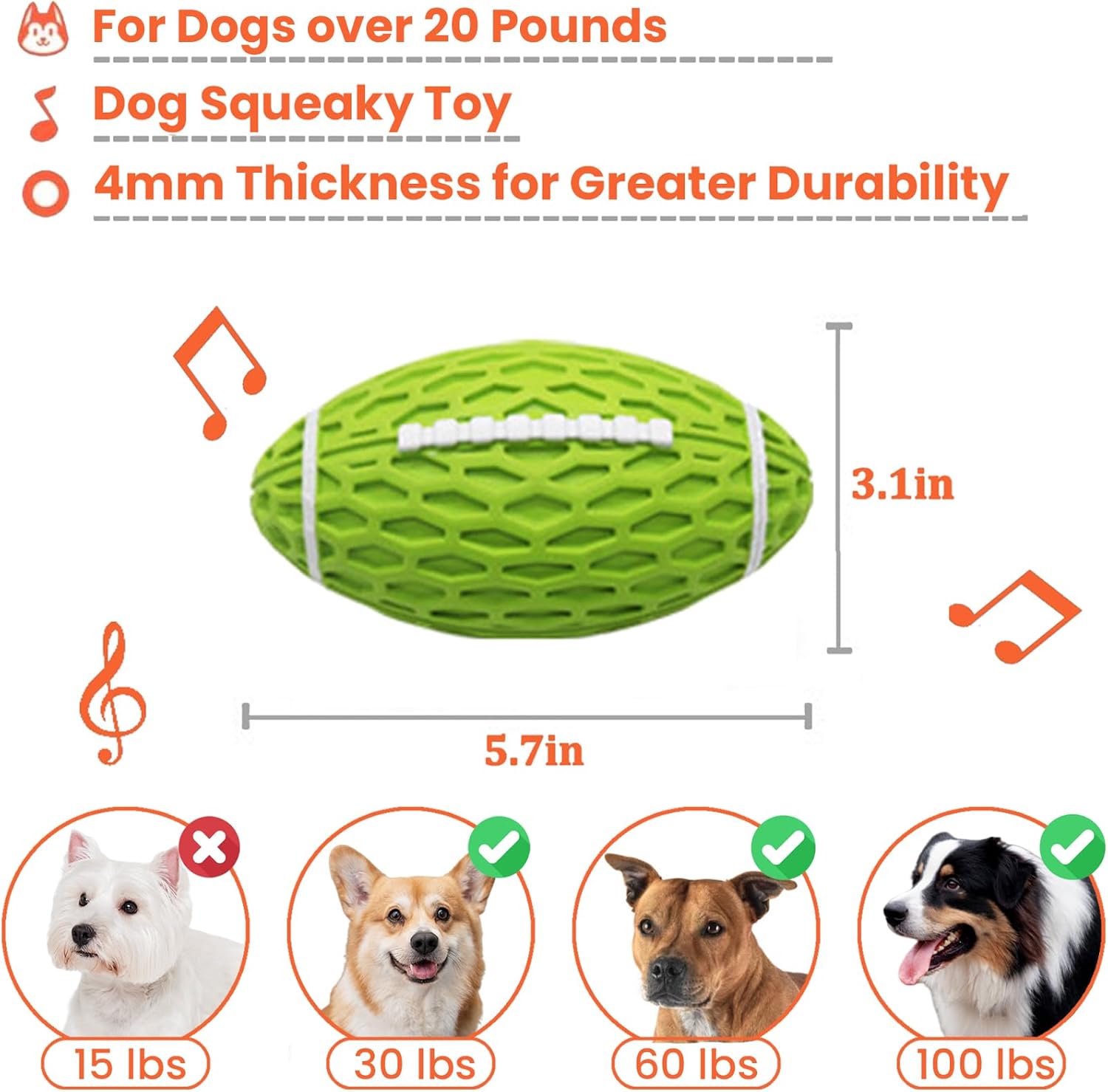 HKM-0160573 Durable Squeaky Rugby Dog Toy for Aggressive Chewers, Ideal for Large Dogs