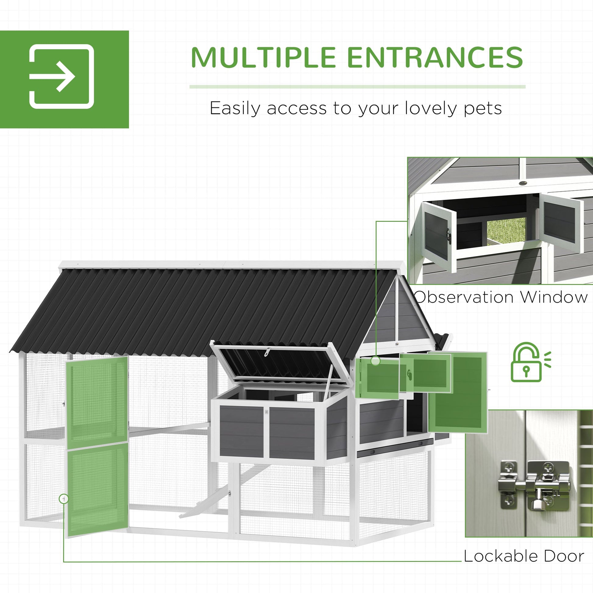 HKM-0162749 Spacious Gray Wooden Chicken Coop with Run, Nesting Boxes, Roosting Bars, and Easy-Clean Tray for 6-8 Chickens
