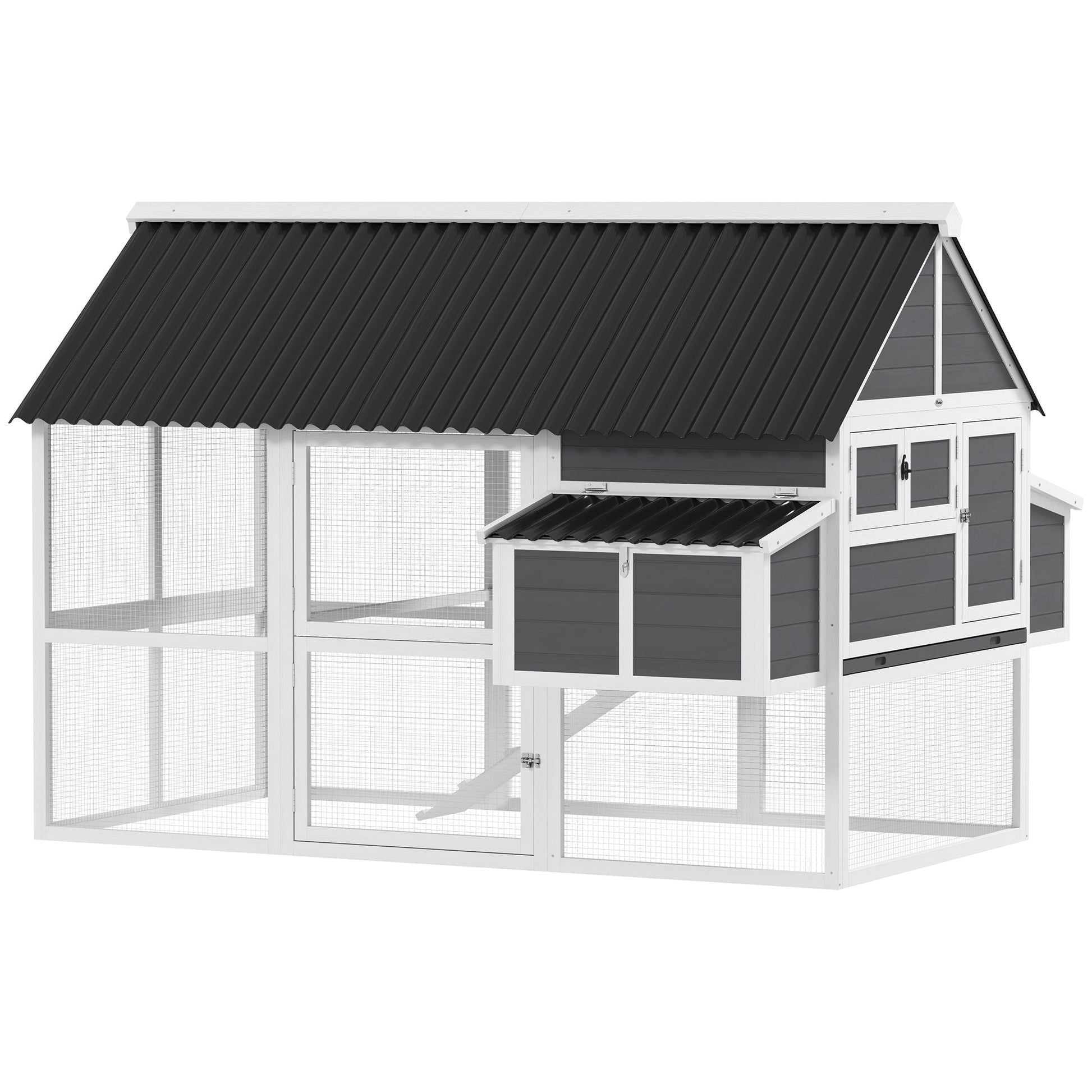HKM-0162749 Spacious Gray Wooden Chicken Coop with Run, Nesting Boxes, Roosting Bars, and Easy-Clean Tray for 6-8 Chickens