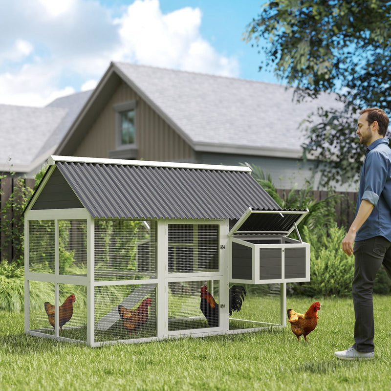 HKM-0162749 Spacious Gray Wooden Chicken Coop with Run, Nesting Boxes, Roosting Bars, and Easy-Clean Tray for 6-8 Chickens