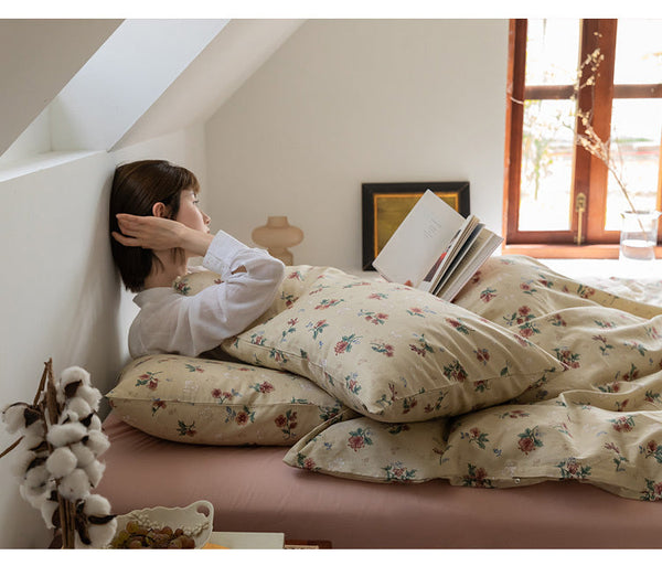 HKM-016595 Retro Floral Cotton Bed Sheet Quilt Cover Bedding Set - Available in Multiple Sizes