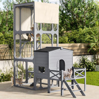 HKM-016915 Outdoor Cat Enclosure with Jumping Platforms and Swing, UV Resistant Wooden Cat House, Removable Waterproof Canopy, Gray